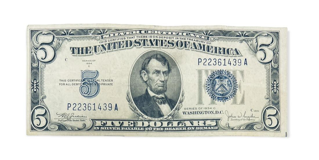 1934C $5 Silver Certificate Blue Seal Julian & Snyder FR #1653 Circulated (1 of 2)