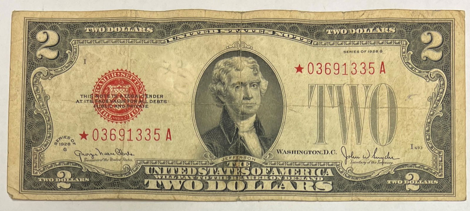 1928F $2 Legal Tender ****Star Note***  Sighed by Julian & Snyder FR #1507* (1 of 2)