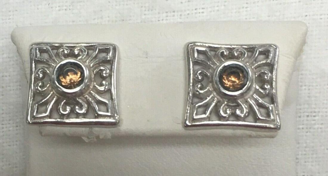 Beautiful .925 Sterling Silver Square Stud Earrings with Citrine Stone 7/16" (1 of 7)