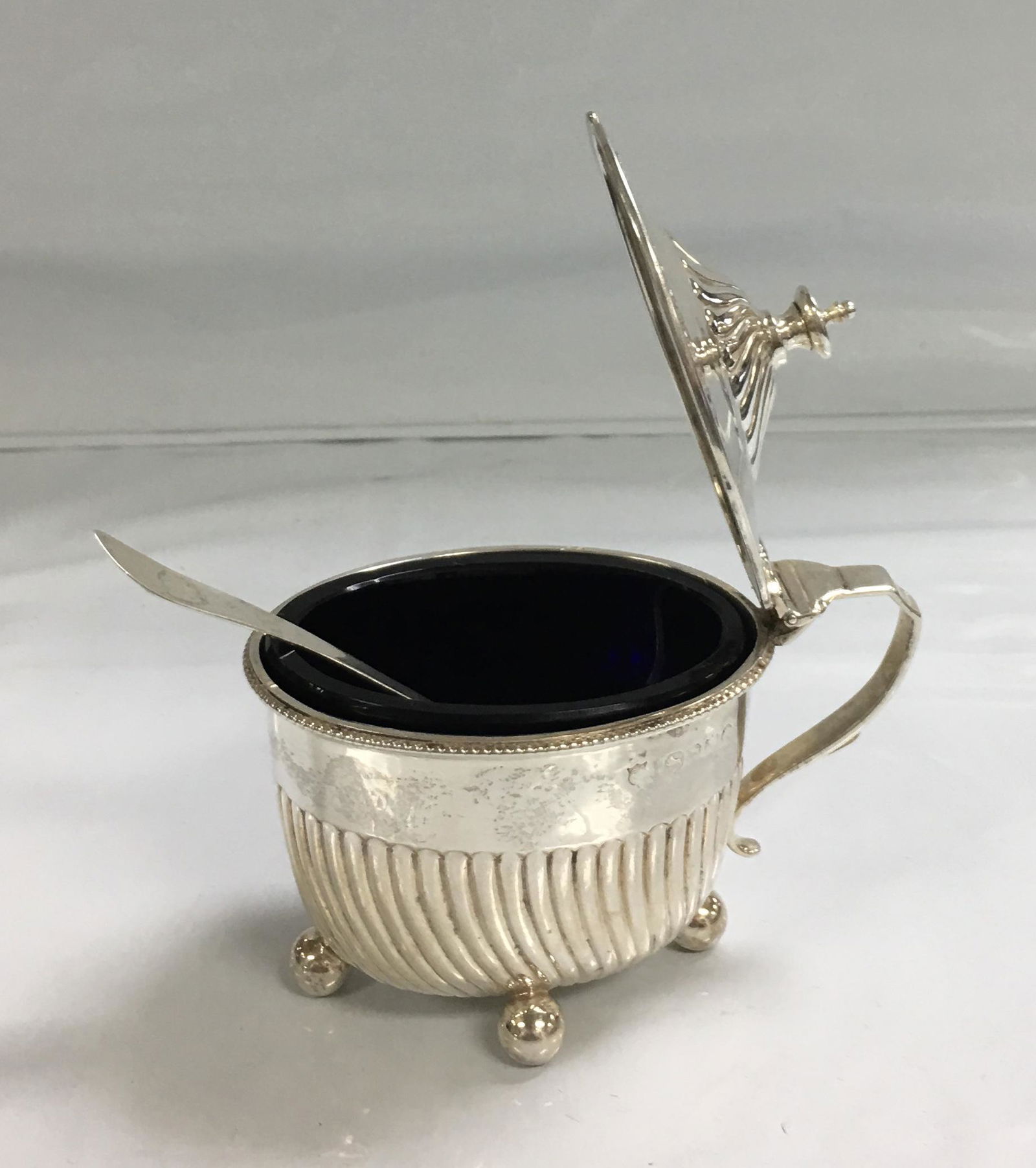 Antique English Lidded Sterling Silver Salt Cellar with Spoon & Blue Glass Insert (1 of 12)