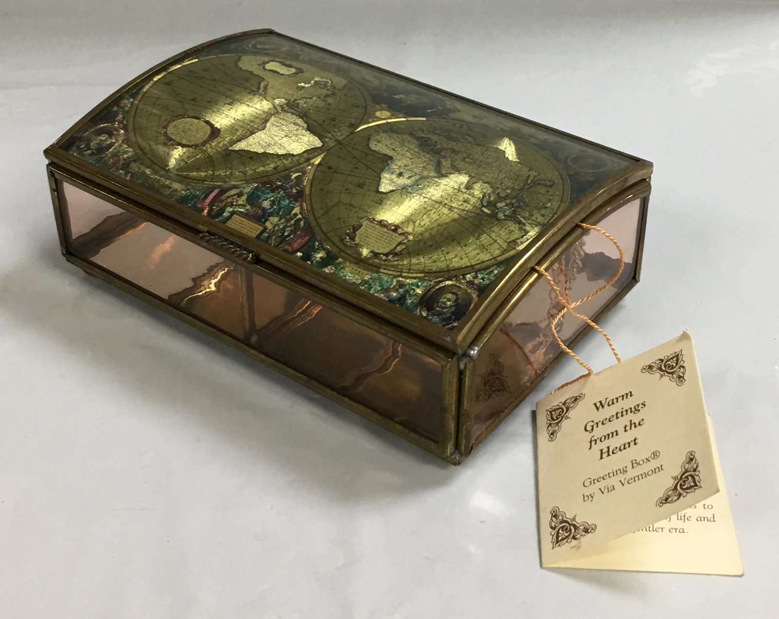 World Map Via Vermont 1994 Glass & Brass Casket Trinket Box Hinged Lid Made in Mexico (1 of 12)