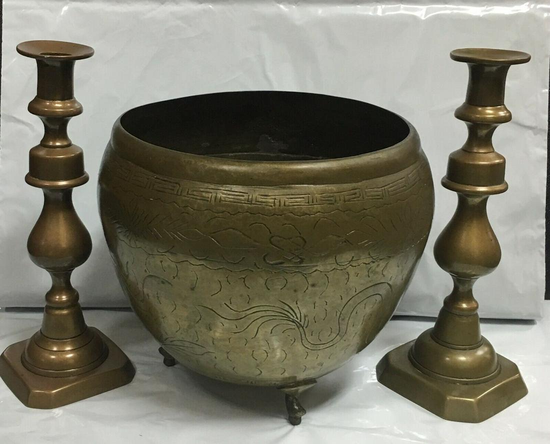 Vintage Brass Footed Pot Planter and Two Candle Holders Set (1 of 9)