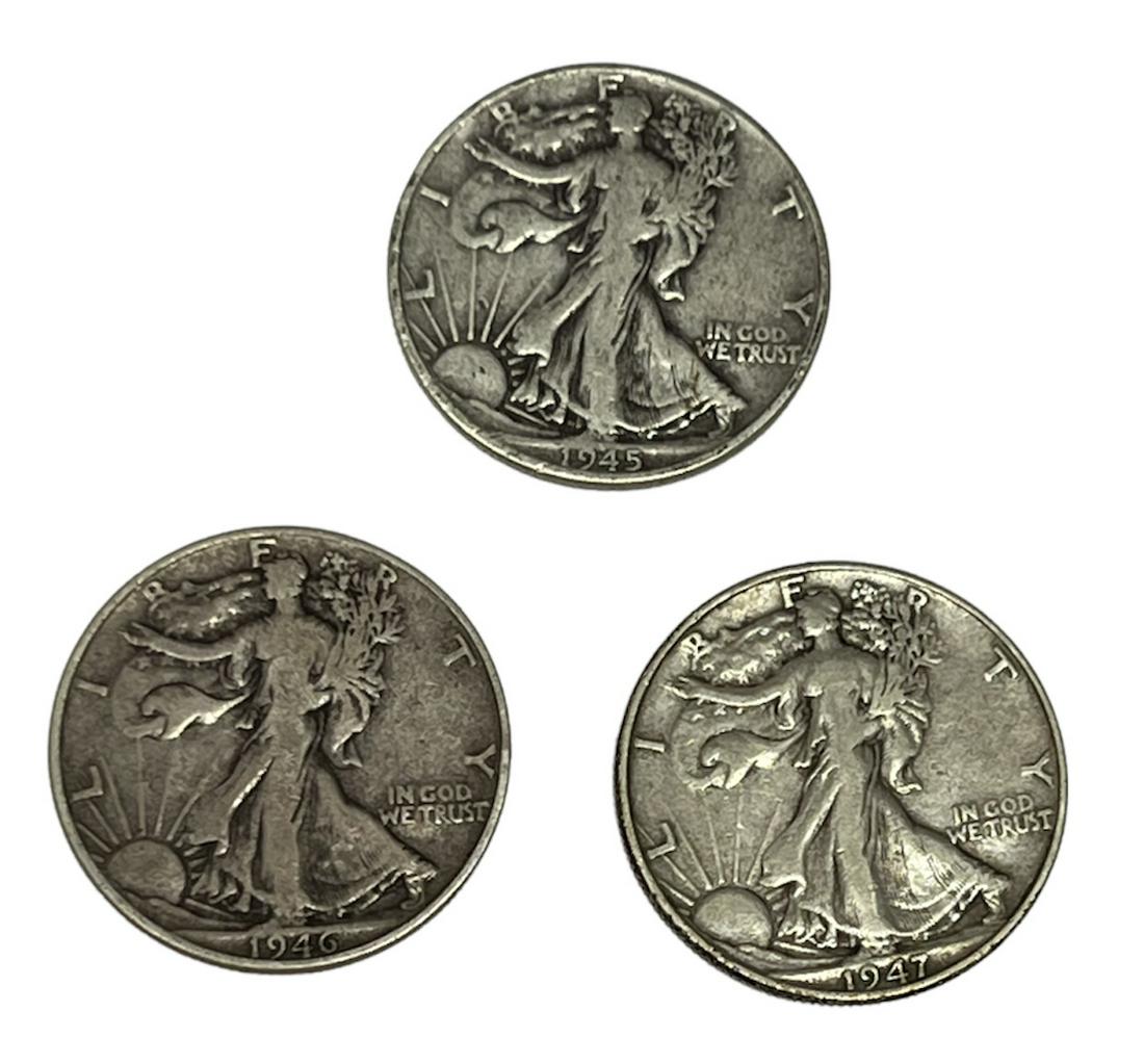 Lot of 3 - 1945P, 1946P & 1947P Walking Liberty Silver Half Dollars (1 of 2)