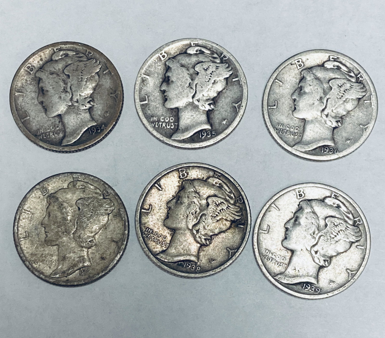 Lot of 6 Mercury Silver Dimes 1934-1939-D Denver Mint - Circulated (1 of 2)