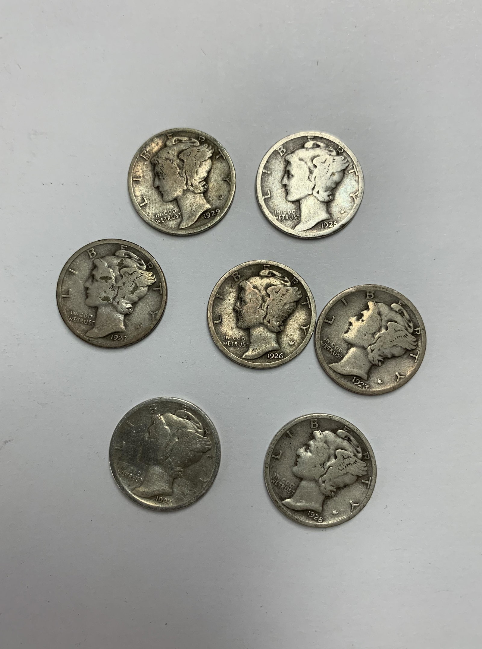 Lot of 7 Mercury Silver Dimes 1923-1929-P Philadelphia Mint Circulated (1 of 2)