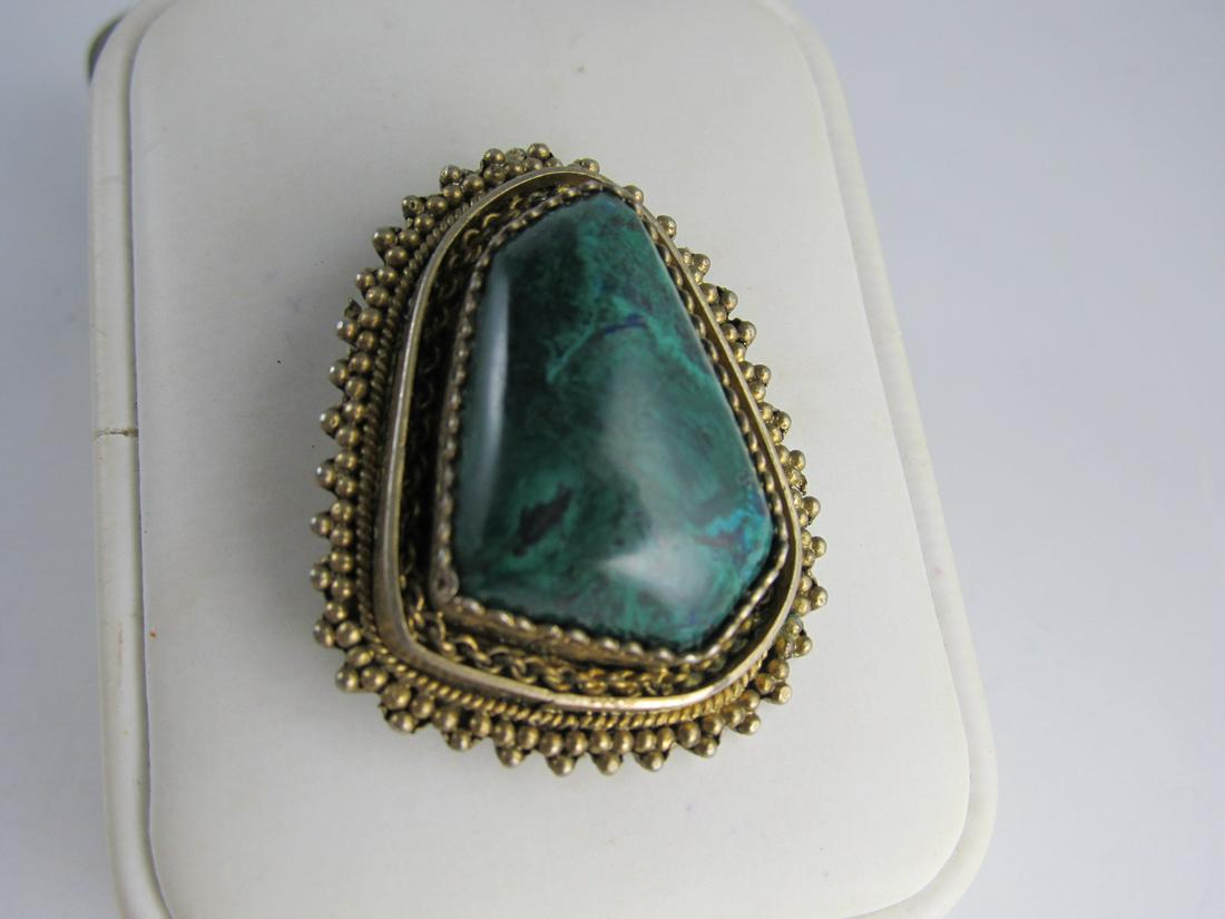 ISRAEL GREEN MALACHITE STERLING SILVER 935 PIN / PENDANT GOLD WASH 1 5/8" H V GOOD COND (1 of 6)