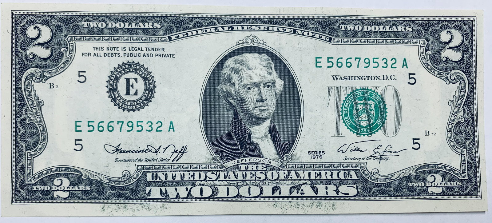 1976 $2 Two Dollar Bill Federal Reserve Note Richmond FR #1935-E Neff & Simon: 1976 $2 Two Dollar Bill Federal Reserve Note Richmond FR #1935-E Neff & Simon