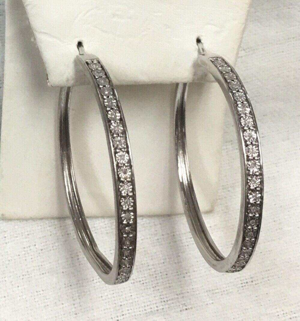 Gorgeous .925 Sterling Silver Signed SUN Hoop Earrings w/ Clear Stones 1 3/8" (1 of 12)