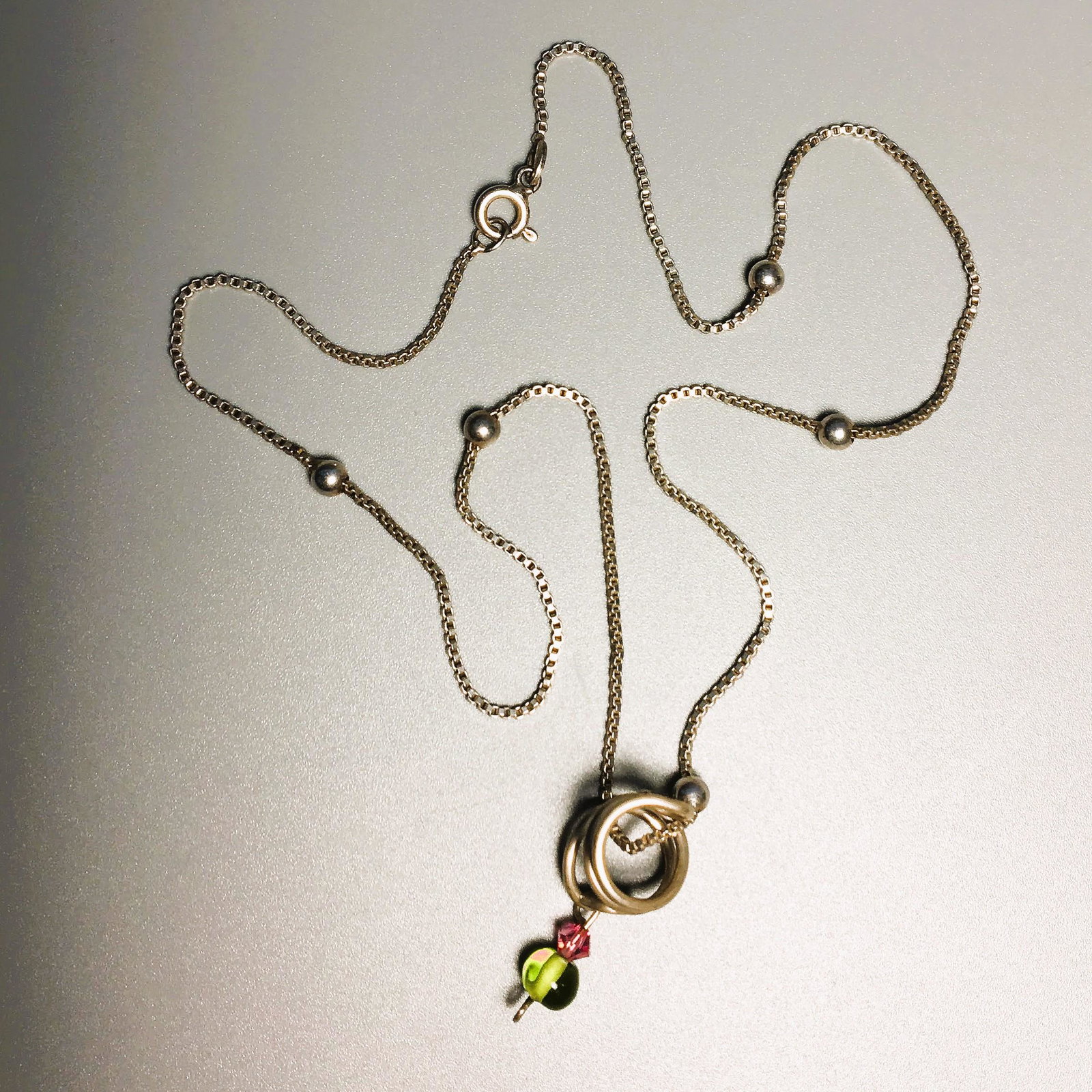 925 Silver Chain with Silver Tone & Glass Charm Necklace: 925 Silver Chain with Silver Tone & Glass Charm Necklace, Measures 9 Inches, 3.7 dwt.