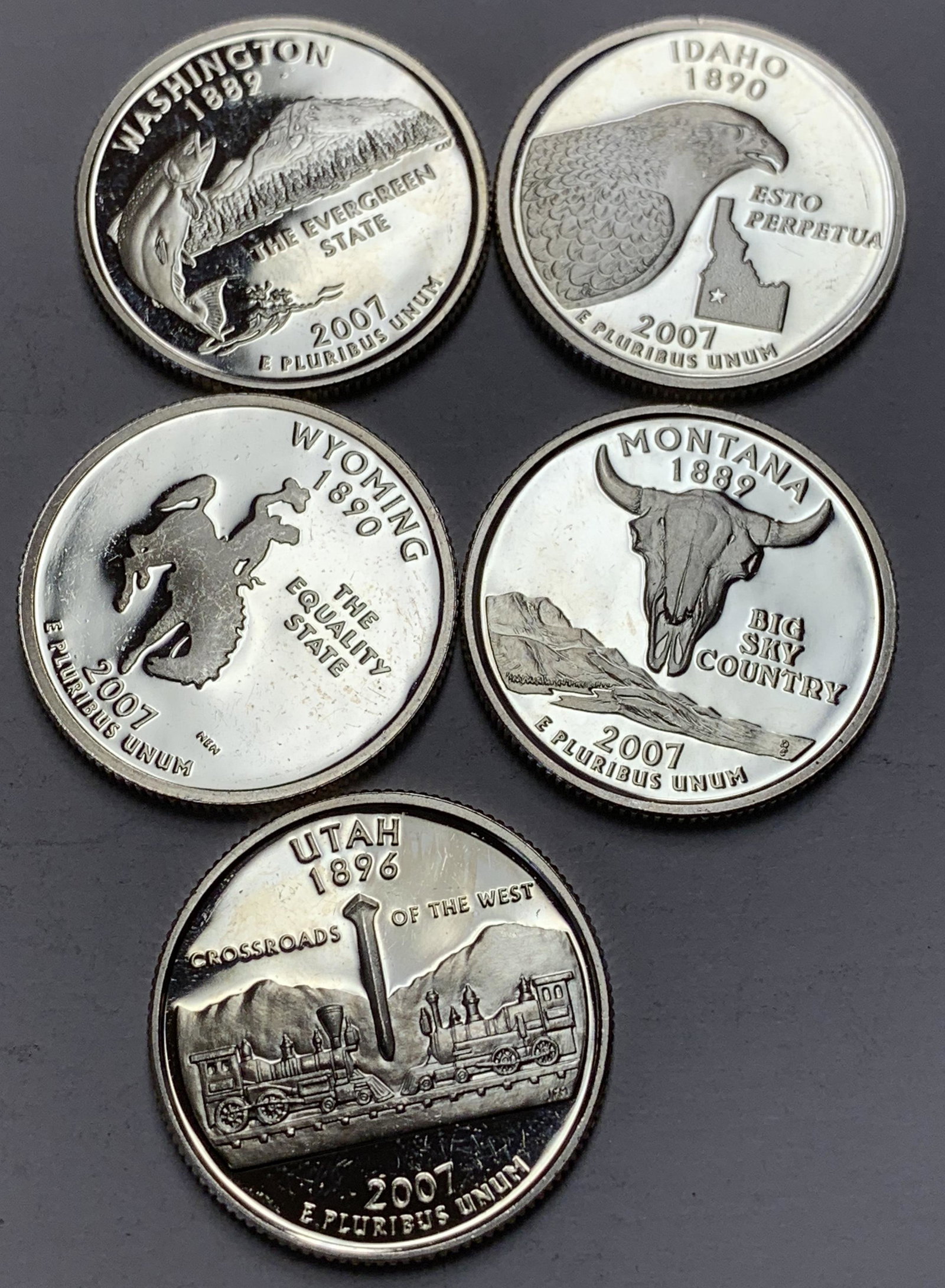 Lot of 5 - 2007-S Washington Silver Proof State Quarters - MT, WA, ID, WY, UT (1 of 2)