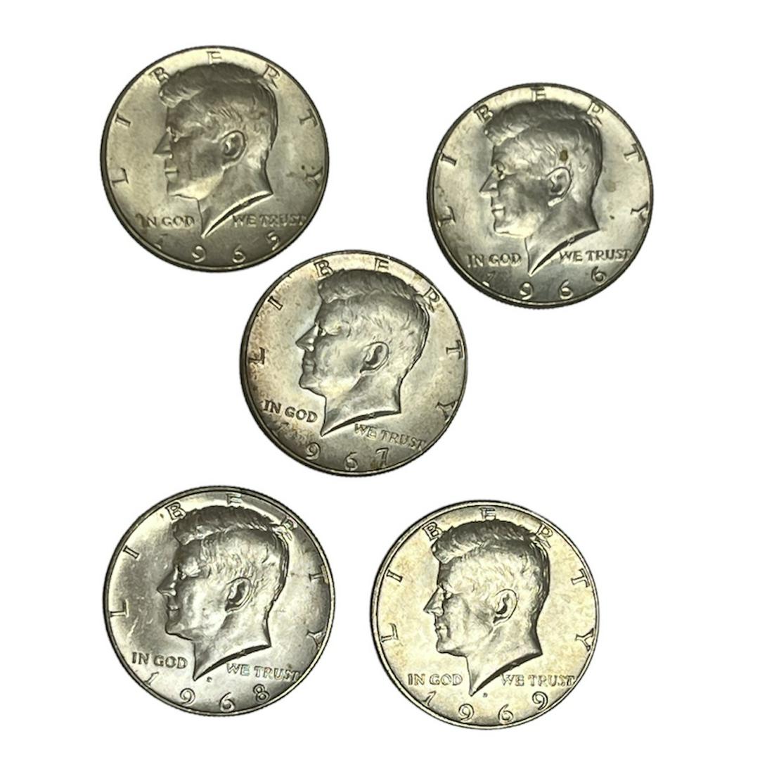 1965-1969 Kennedy Silver Half Dollars BU 40% Silver - Lot of 5 (1 of 2)