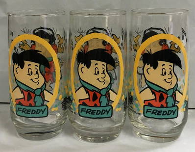 Set of 3 Vintage 1986 Freddy Pizza Hut Flintstone Kids Character Glasses: Set of 3 Vintage 1986 Freddy Pizza Hut Flintstone Kids Character Glasses