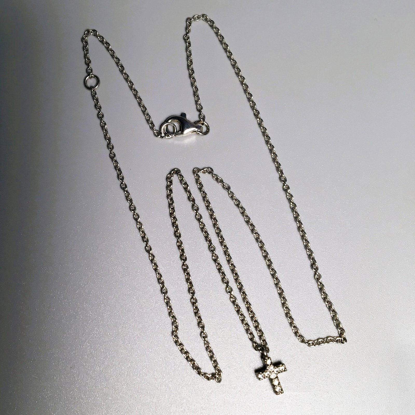 925 Silver, White Stone & Marcasite Cross Necklace, Both Marked 925, Measures 9 Inches, 1.7 dwt.: 925 Silver, White Stone & Marcasite Cross Necklace, Both Marked 925, Measures 9 Inches, 1.7 dwt.