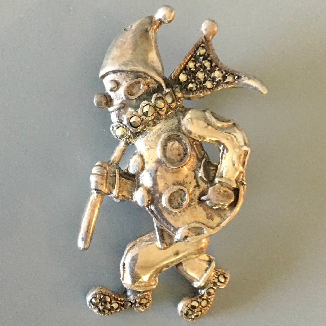 Sterling Silver and Marcasite Clown Pin: Sterling Silver and Marcasite Articulated Clown Pin, Marked 925, 2 in. 7.0 dwt.