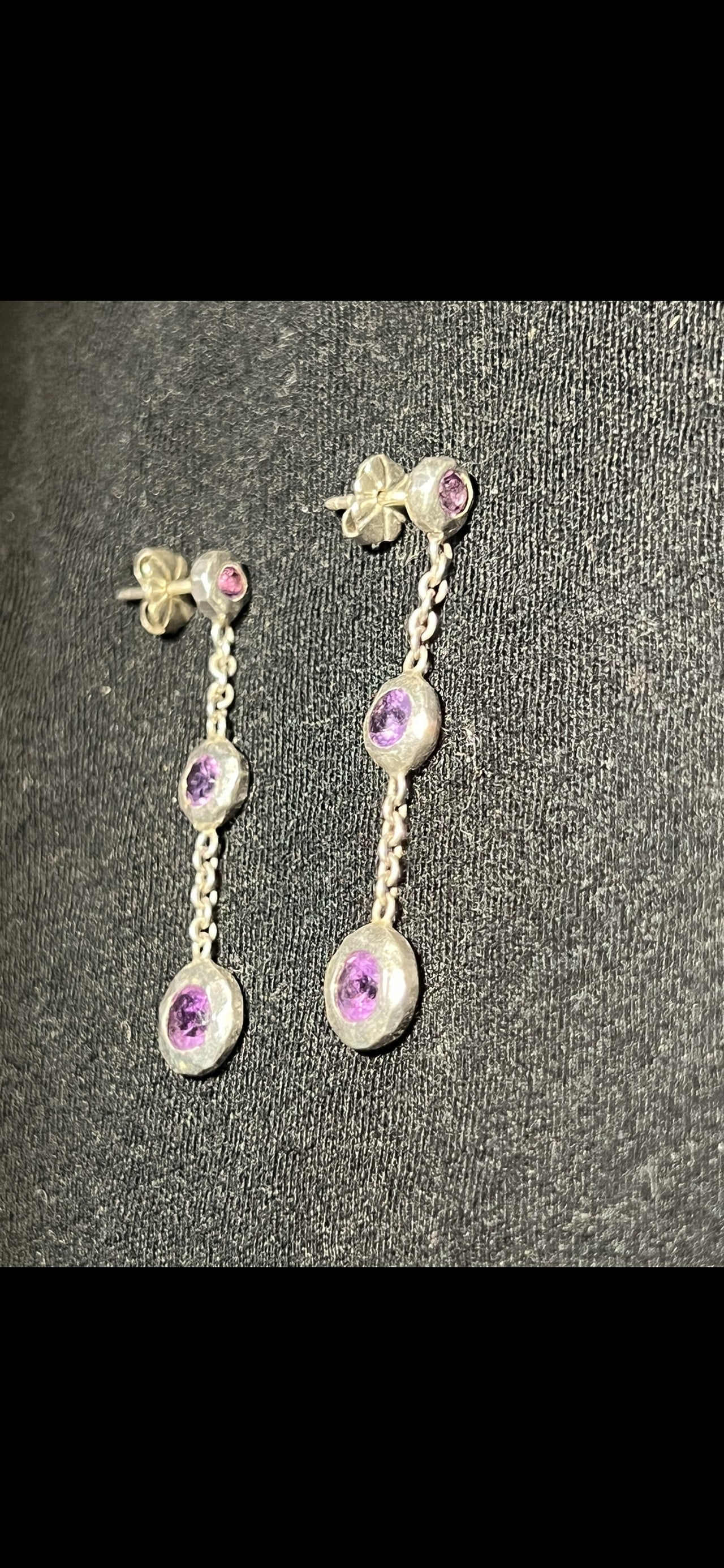 Sterling silver hammered dangle earrings with purple crystal (1 of 2)