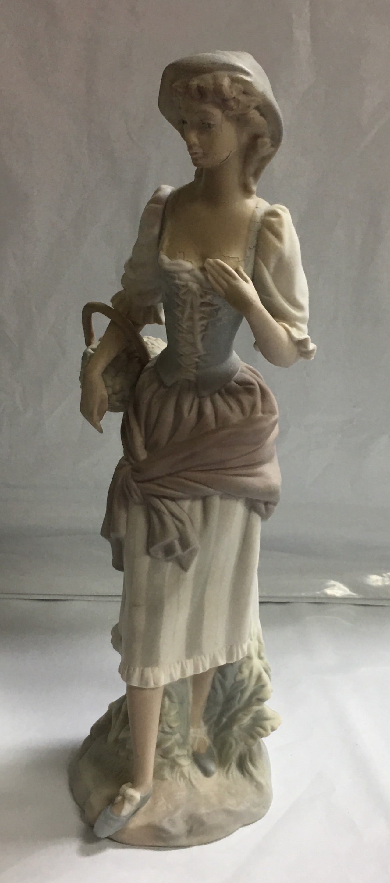 Vintage LLADRO Girl with Basket of Fruits Porcelain Figurine 11.75" Tall: This figurine is in very good condition with signs of wear like peeling paint on the top of this figurine as shown in the photo 8. It is about 11 3/4" tall and 4" wide at the widest point. Please, rev