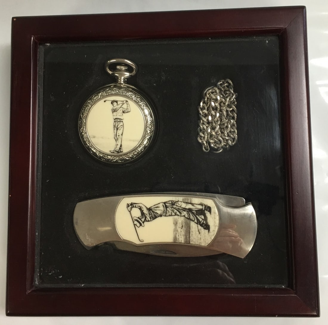 Vintage Xanadu Golf Player Pocket Watch with Chain and Folding Knife Set: This set is in excellent condition and looks like never been used. It comes with an original wood and glass box. The case of this quartz watch was made in China and movement - in Japan. It is about 2"