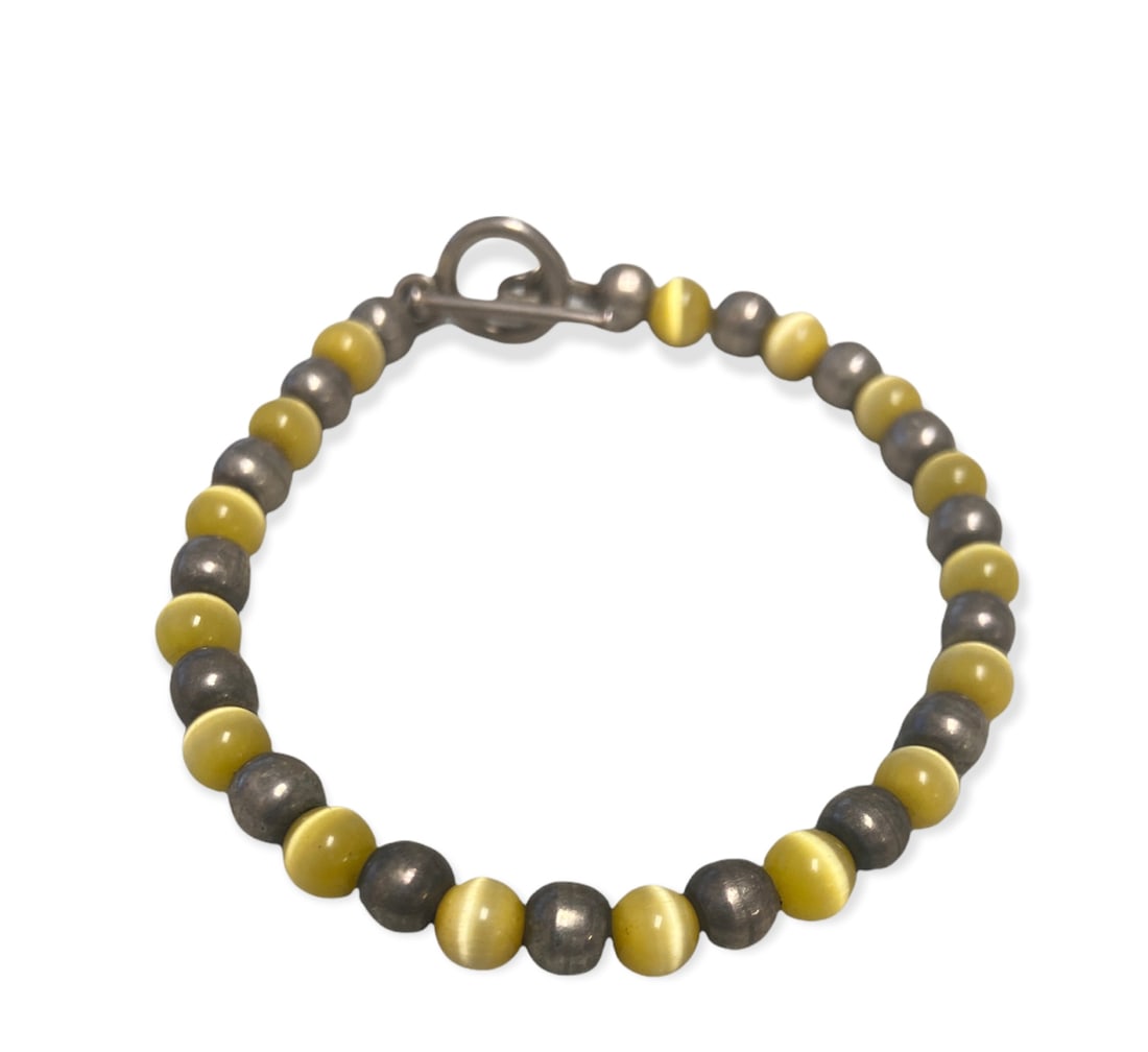 Natural 6mm Yellow Tiger's Eye Round Gemstone Sterling Silver Bracelet 8" (1 of 3)
