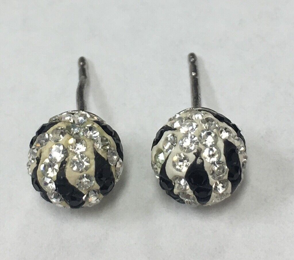 Beautiful .925 Sterling Silver Round Ball Stud Earrings w/ Clear & Black Stones (1 of 8)