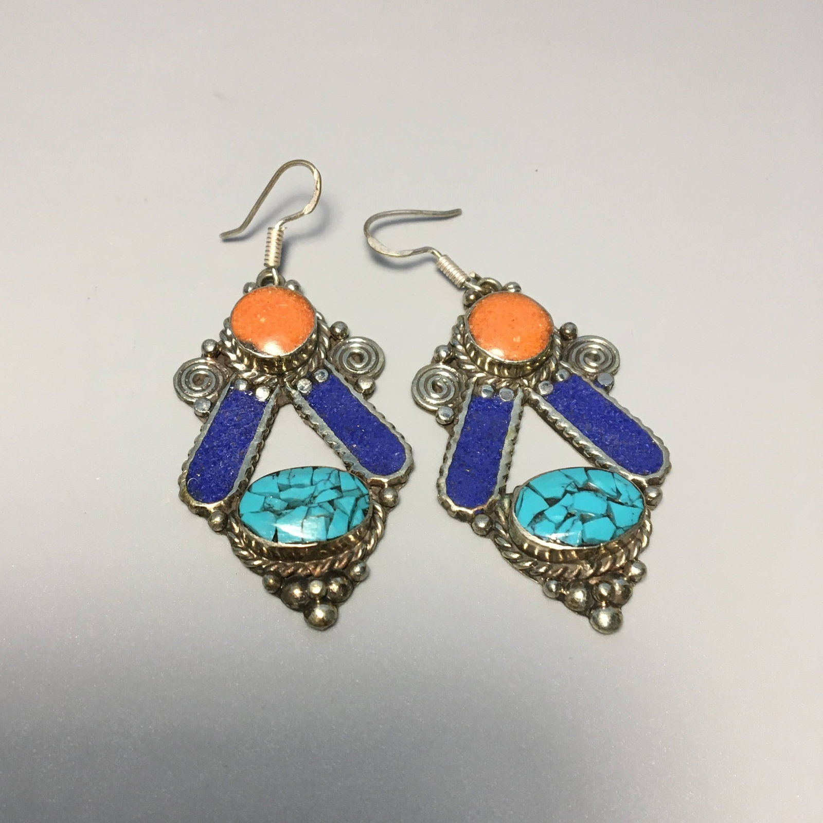 Coral, Lapis, Turquoise Tibetan Silver Earrings (1 of 2)