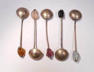 Set/ lot 5 sterling spoons made with Brazilian 2.000 Reis coin & natural quartz