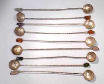 Set/ lot of 9  spoons made from Brazilian 2.000 Reis coin and natural quartz