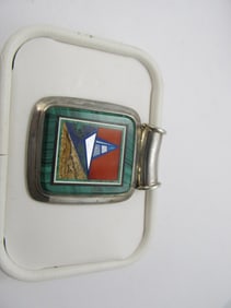 EXCEPTIONAL STERLING SILVER FINE PENDANT INLAID BOAT SCENE XLNT COND