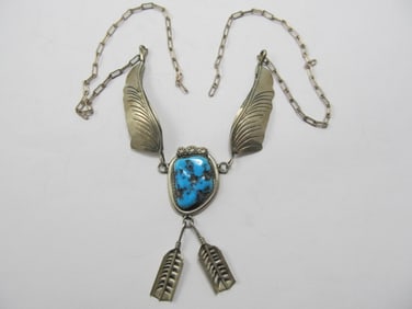M NAVAJO VINTAGE STERLING SILVER FINE NECKLACE TURQUOISE V GOOD COND