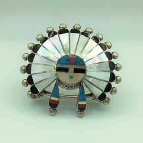 Vintage 1950\'s Zuni Silver Inlay Sun Face Cuff Bracelet