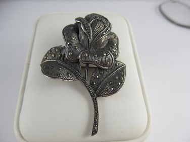 ROSE FLOWER THEME INTRICATE VINTAGE STERLING SILVER PIN MARCASITES 2" H V GOOD
