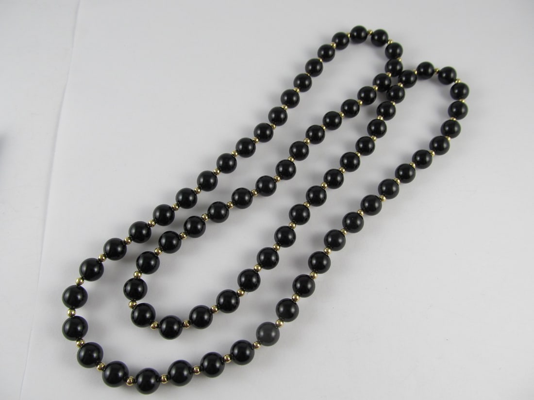 BLACK ONYX &14K BEADS NECKLACE 8-8 ? MM NO CLASP 30" XLNT COND (1 of 4)