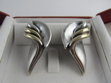 TITOK MODERNIST STERLING SILVER CLIP VINTAGE 2-TONE EARRINGS 1 7/8" H GOOD