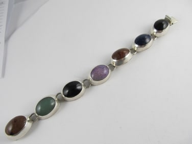 MEXICO 925 STERLING SILVER BRACELET ONYX AGATE SODALITE OTHER FINE STONES XLNT