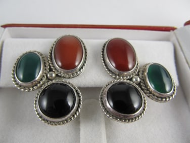 MEXICO CARNELIAN ONYX CHRYSOPRASE CLIP BACK STERLING SILVER GOOD COND