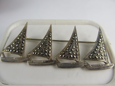 B K 4 SAILBOAT PIN MARCASITES STERLING SILVER PIN 2 1/2" WIDE XLNT COND