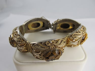 CHINA GILT SILVER \'MORNING GLORY\' TIGER-EYE 5 PANEL FILIGREE BRACELET 6 ?" XLNT