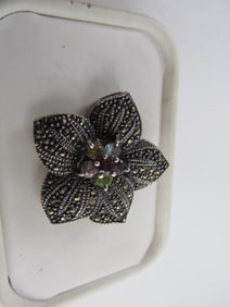 5 LEAF FLOWER GARNET MARCASITES STERLING SILVER PENDANT 1 ? H  XLNT COND"