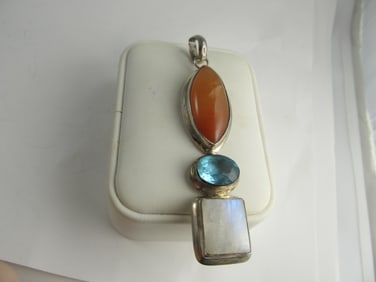 MD STERLING SILVER PENDANT AMBER OPAL SYNTHETIC BLUE STONE 3 3/8" H V GOOD COND