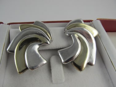 D? MAKER STERLING SILVER 2 TONE CLIP BACK EARRINGS 1 ?" XLNT COND