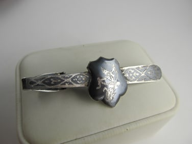 SIAM 925 STERLING VINTAGE TIE BAR CLIP NIELLO BACKGROUND 2 5/8" W  V GOOD COND