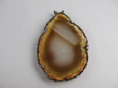 FINE LARGE AGATE STONE PENDANT STERLING SILVER RIM 3" H  XLNT COND