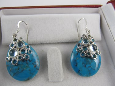 FINE PAIR TURQUOISE / CRYSTALS STERLING SILVER FISH HOOK EARRINGS 1 1/4" H XLNT COND