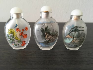 Set of Three Chinese Hand Painted on Glass