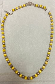 Natural 6mm Yellow Tiger's Eye Round Gemstone Sterling Silver Necklace 17.5'' - 24.1 dwt