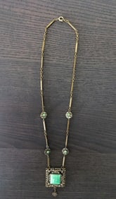 Vintage Silver & Turquoise Necklace with Green Glass Accents
