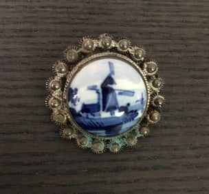 Hand Painted Delftware Dutch Windmill Landscape Brooch