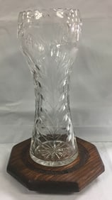 Vintage Crystal Floral 11 5/8" Tall Flower Vase with Wooden Stand