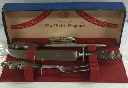 Sheffield Cutlery Sterling Silver Handle 3 Piece Carving Set In Original Box