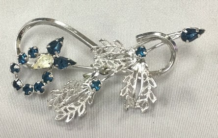 Vintage Star-Art Sterling Silver Leaf Design Brooch/Pendant w/ Blue Rhinestones