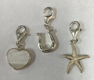 Set of 3 .925 Sterling Silver Charms: Mother of Pearl Heart, Star & Horseshoe